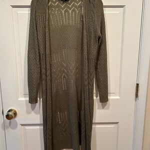 LOVE ELLIE WOMANS OPEN KNIT SIZE SMALL MID THIGH CARDIGAN OLIVE GREEN